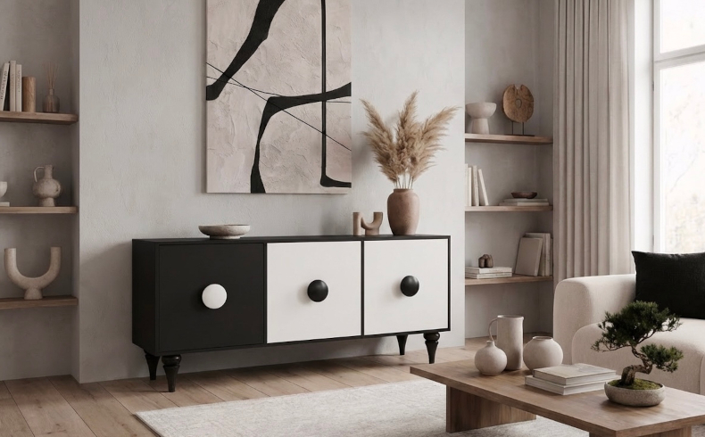 Nowoczesna komoda w białym i czarnym kolorze