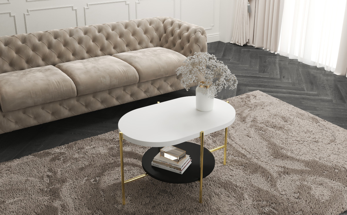 Biały stolik kawowy z metalowa ramą