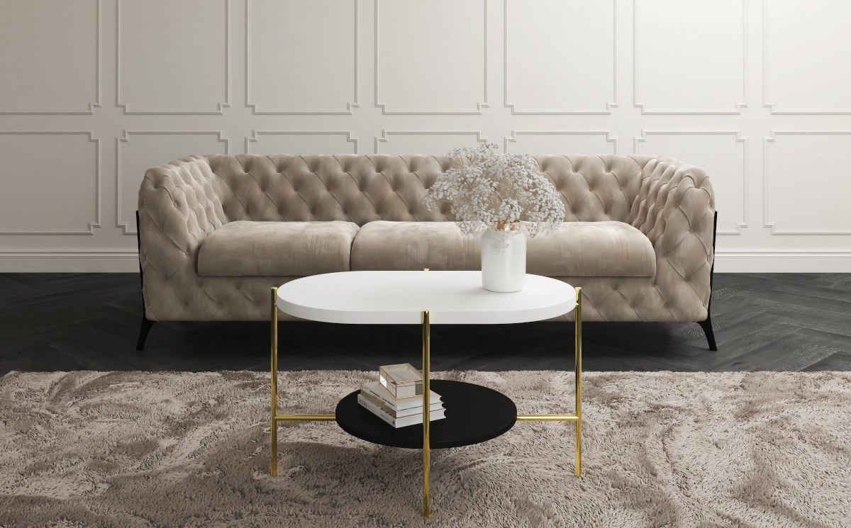 Biały stolik kawowy z metalowa ramą