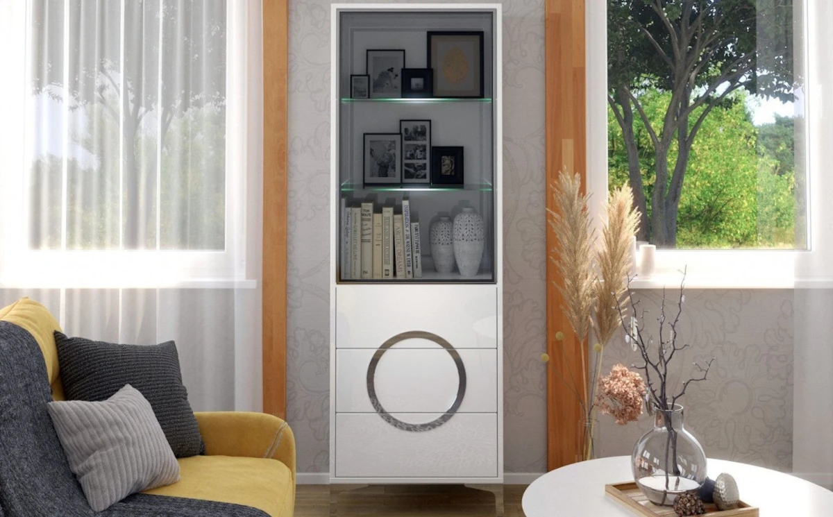 Biała nowoczesna witryna Dancan EVA ze szklanymi drzwiami połysk / szer. 60 cm