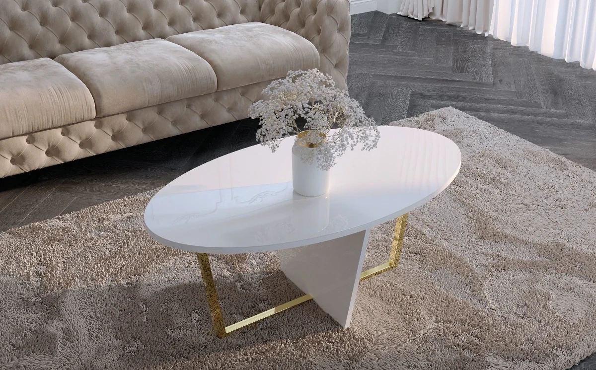 Biały stolik kawowy Dancan ROCKET z białym szklanym blatem i złotą nogą
