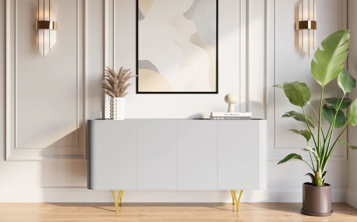 Nowoczesna szara komoda Dancan MONZA ze złotymi nóżkami / szer. 160 cm