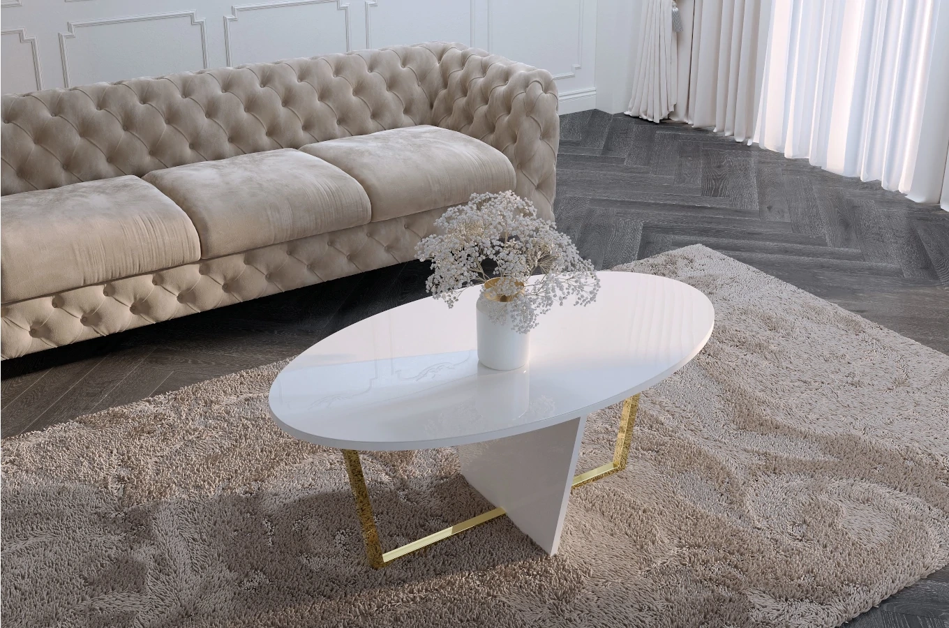 Biały stolik kawowy Dancan ROCKET z białym szklanym blatem i złotą nogą