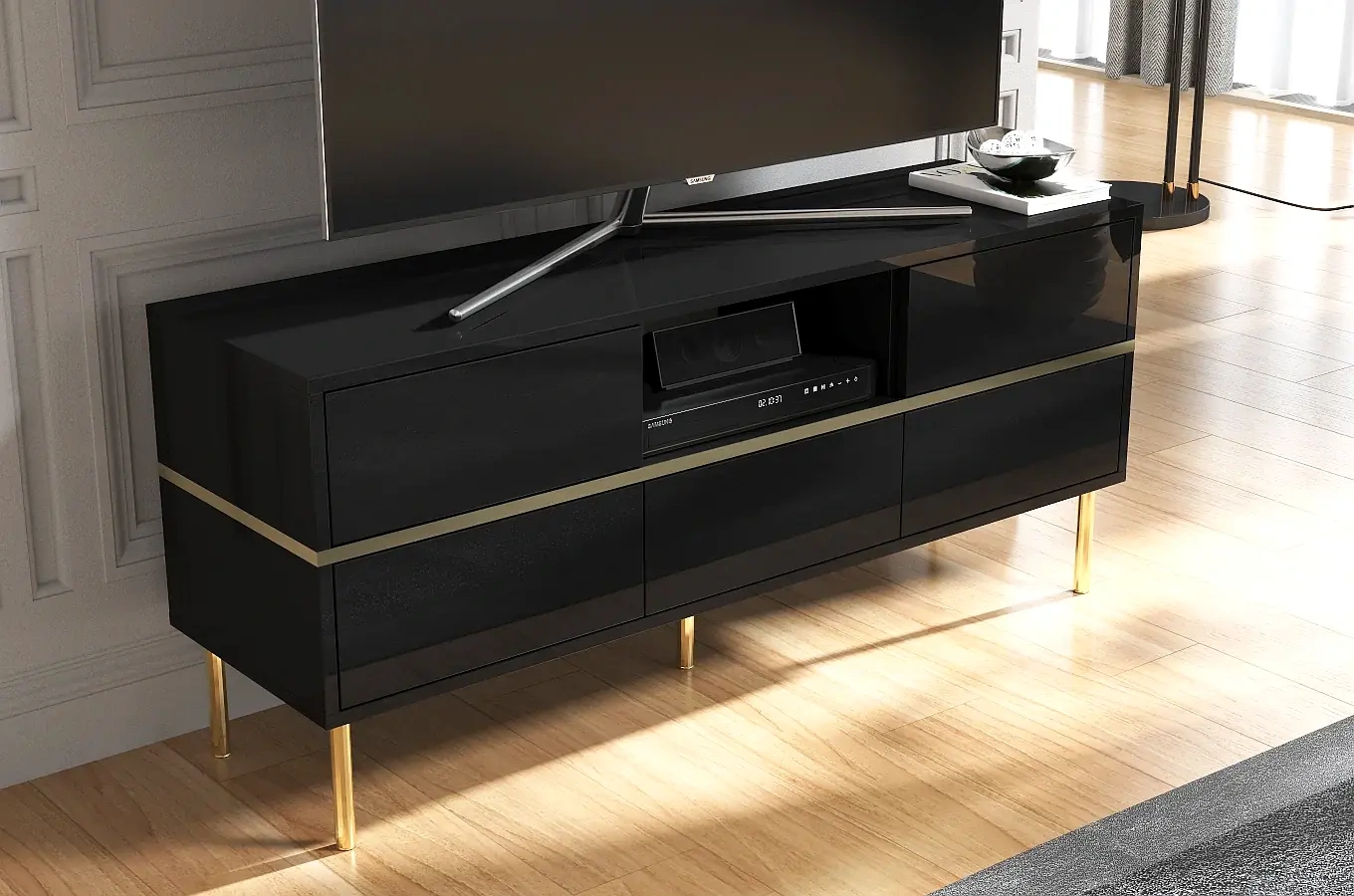 Elegancka czarna komoda RTV Dancan MARIKA ze złotymi dodatkami / szer. 137,5 cm