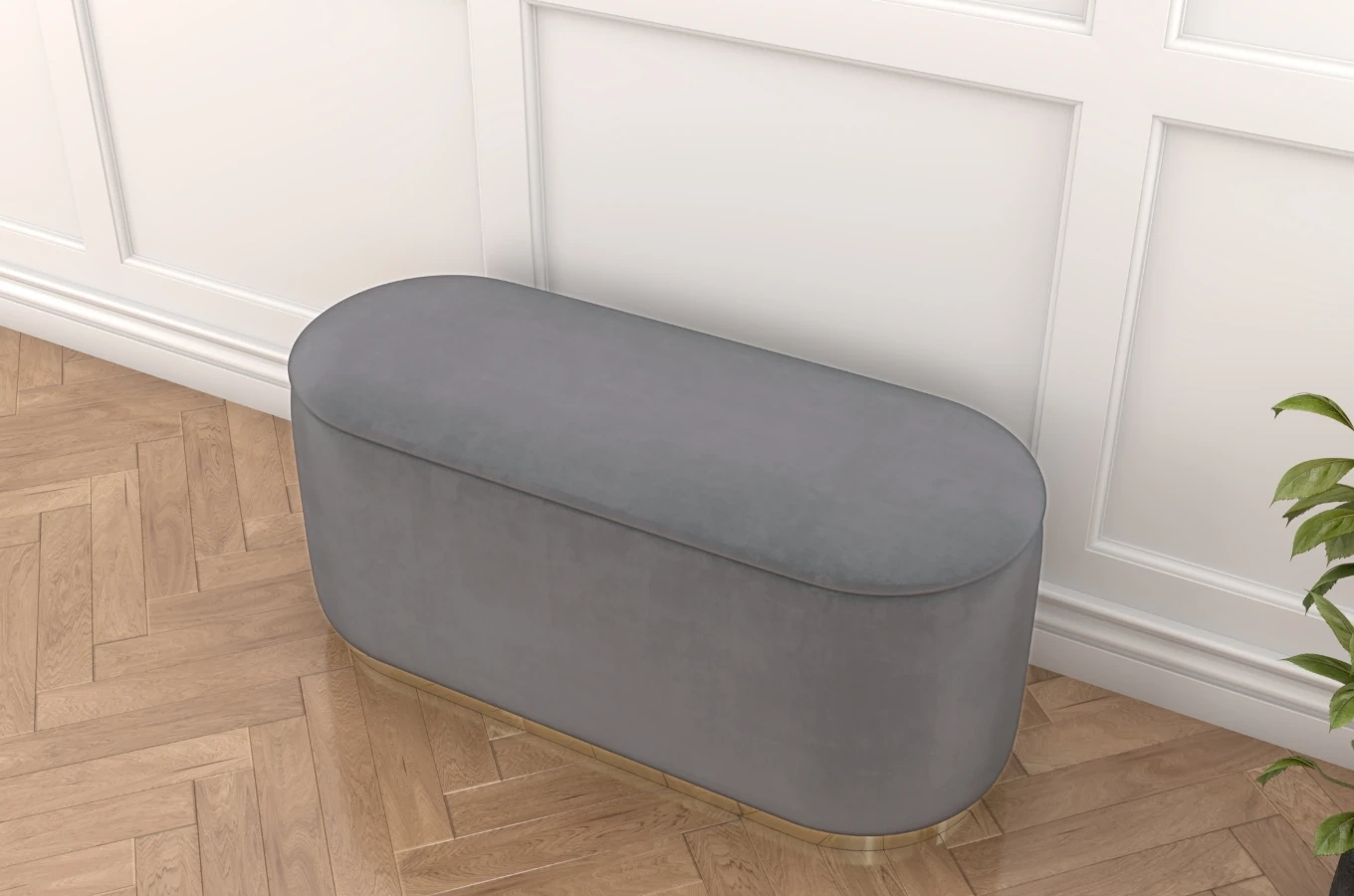 Jasnoszary owalny puf ze schowkiem Dancan SCARLETT na złotej podstawie