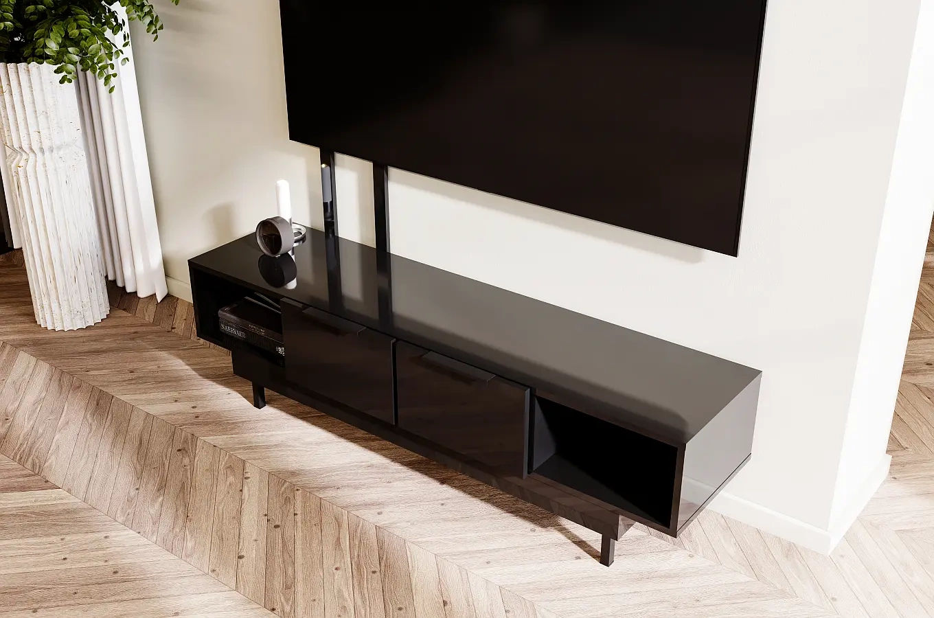 Elegancka czarna komoda RTV Dancan ARTEMISA ze złotymi dodatkami / szer. 163 cm