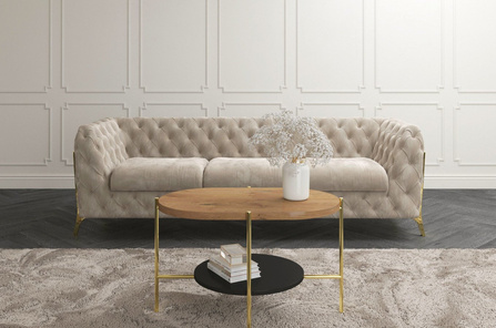 Nowoczesny stolik kawowy Dancan ARENA / złota podstawa + dębowy i czarny blat