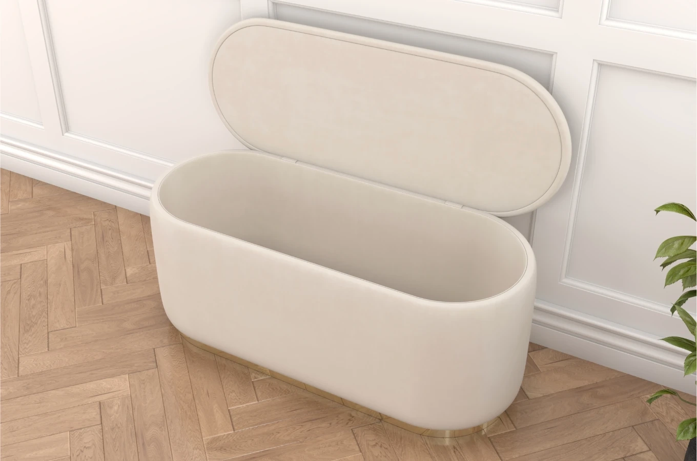 Beżowy owalny puf ze schowkiem Dancan SCARLETT na złotej podstawie