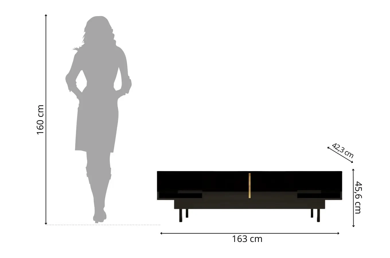 Elegancka czarna komoda RTV Dancan ARTEMISA ze złotymi dodatkami / szer. 163 cm