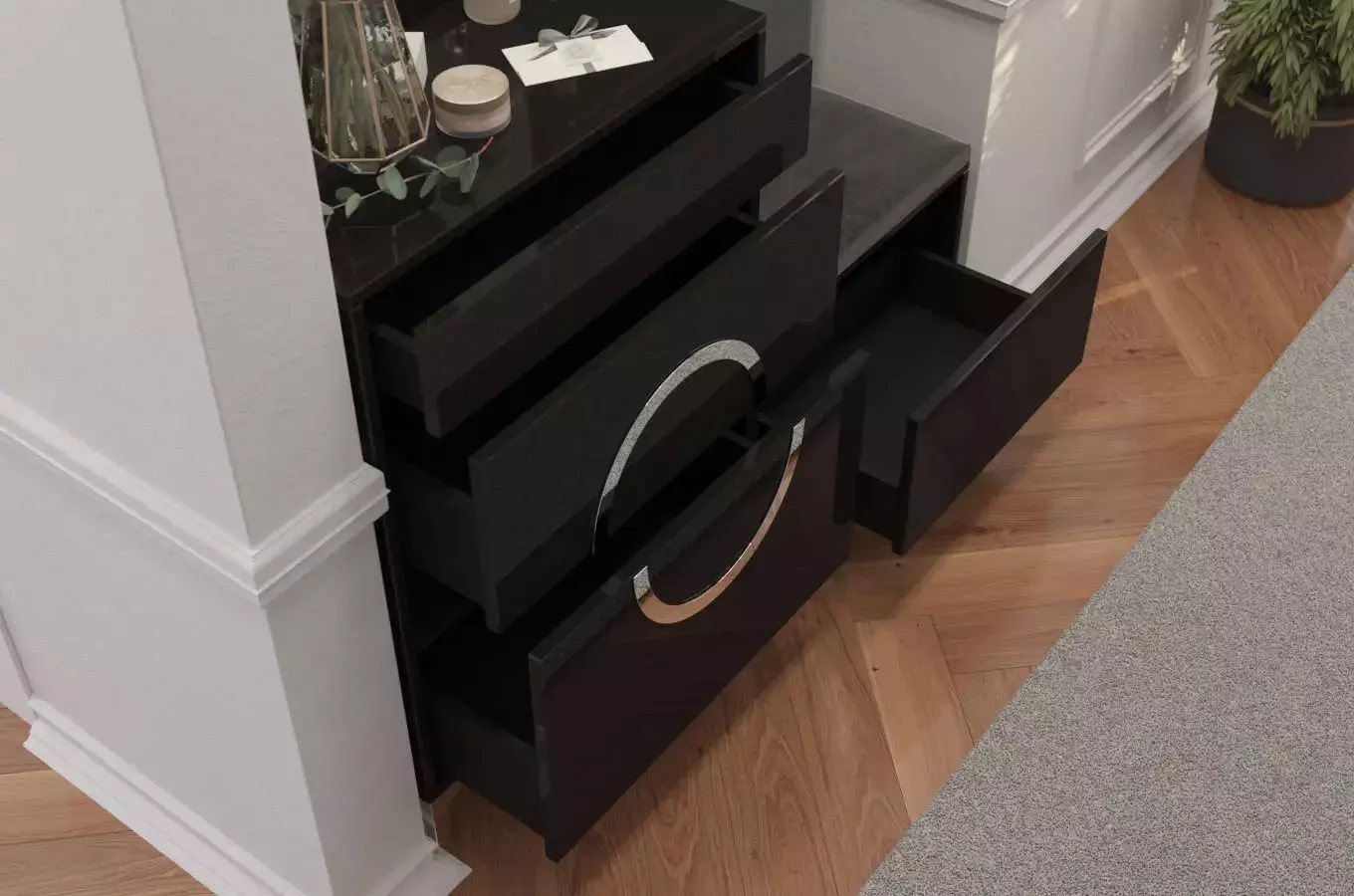 Elegancki, czarny zestaw mebli do przedpokoju Dancan EVELINE / wysoki połysk
