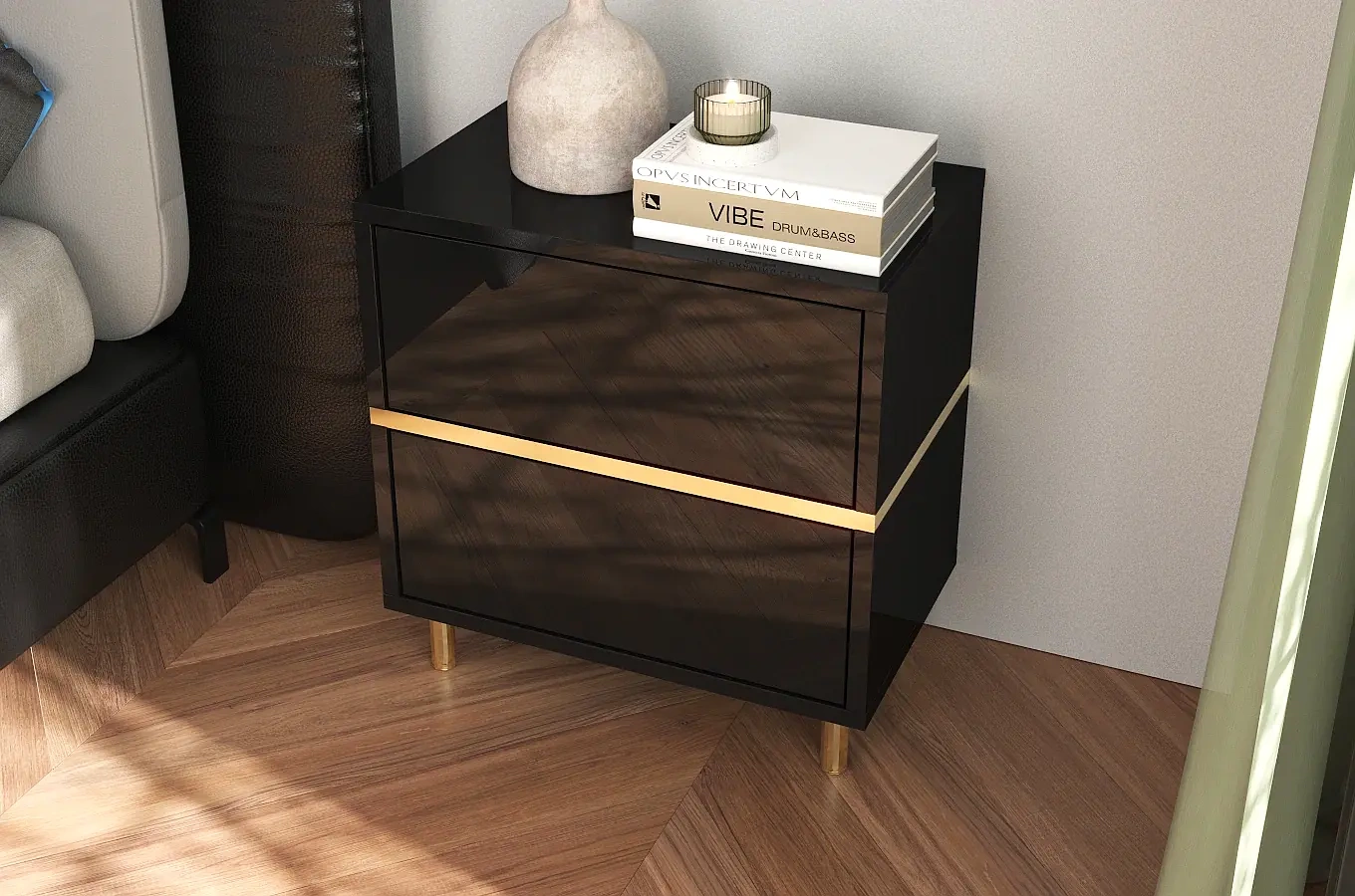 Elegancka czarna szafka nocna Dancan MARIKA ze złotymi dodatkami / szer. 49 cm