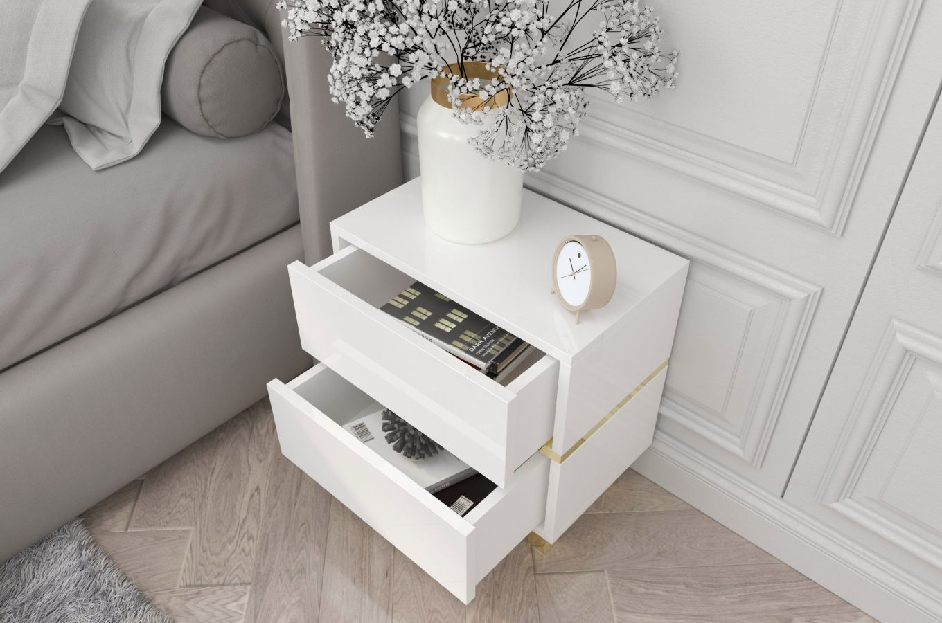 Elegancka biała szafka nocna Dancan MAGICA ze złotymi dodatkami / szer. 49 cm