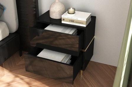 Elegancka czarna szafka nocna Dancan MARIKA ze złotymi dodatkami / szer. 49 cm