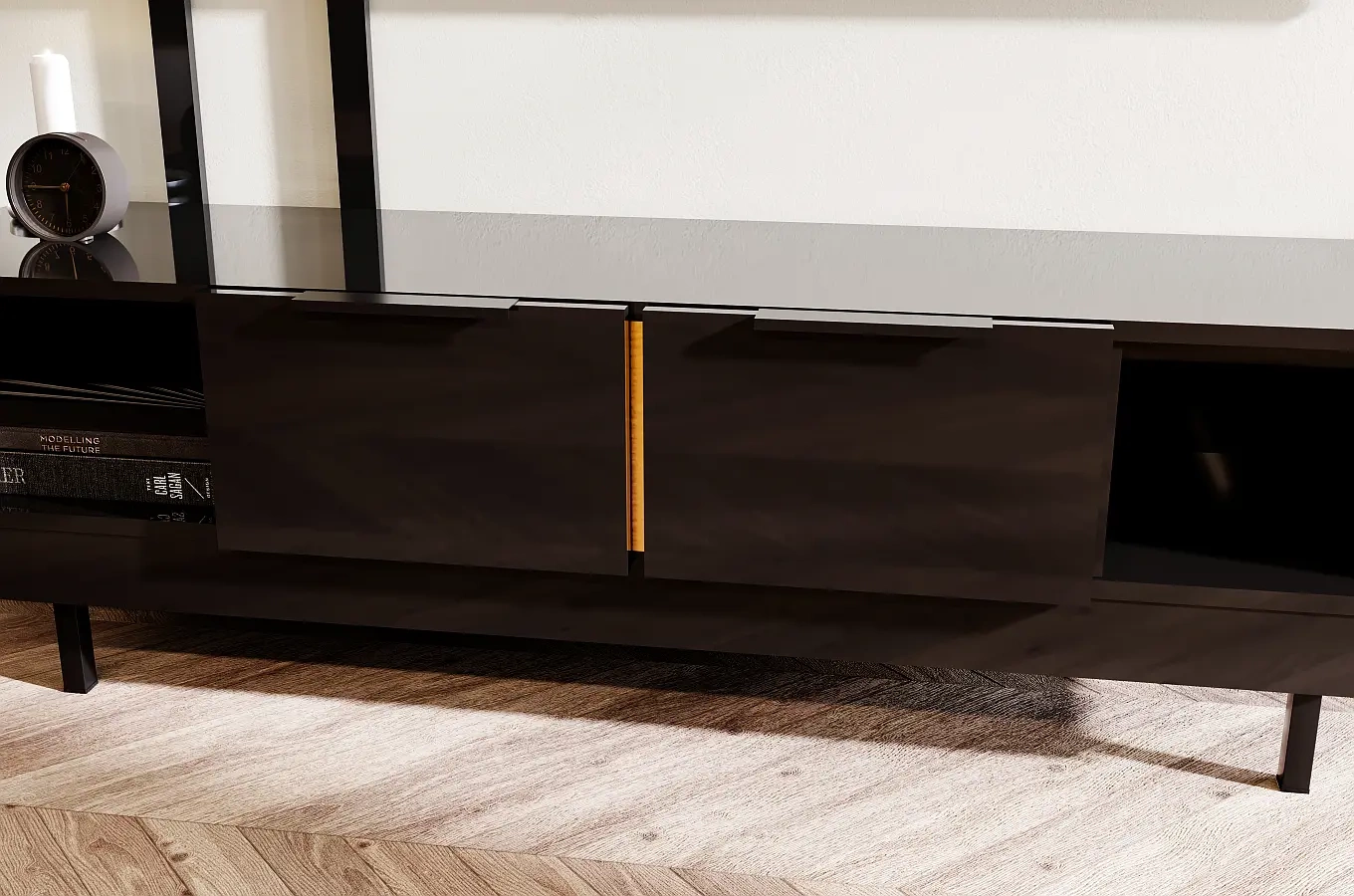 Elegancka czarna komoda RTV Dancan ARTEMISA ze złotymi dodatkami / szer. 163 cm