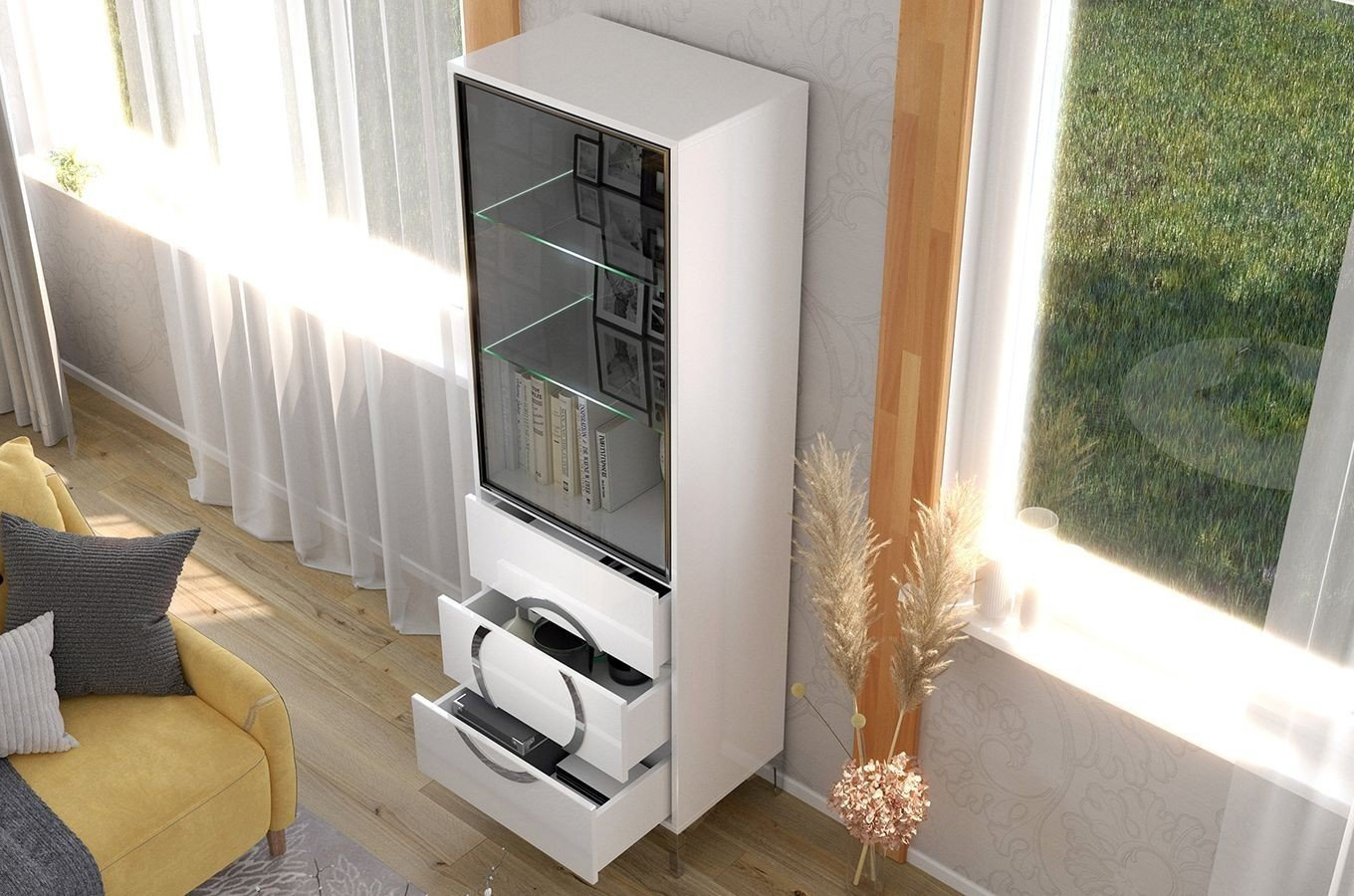 Biała nowoczesna witryna Dancan EVA ze szklanymi drzwiami połysk / szer. 60 cm