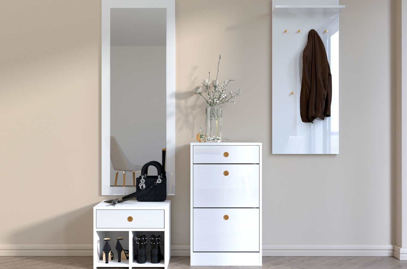 Biała szafka - siedzisko z półkami i szufladą Dancan MIRAGE wysoki połysk / szer. 54 cm