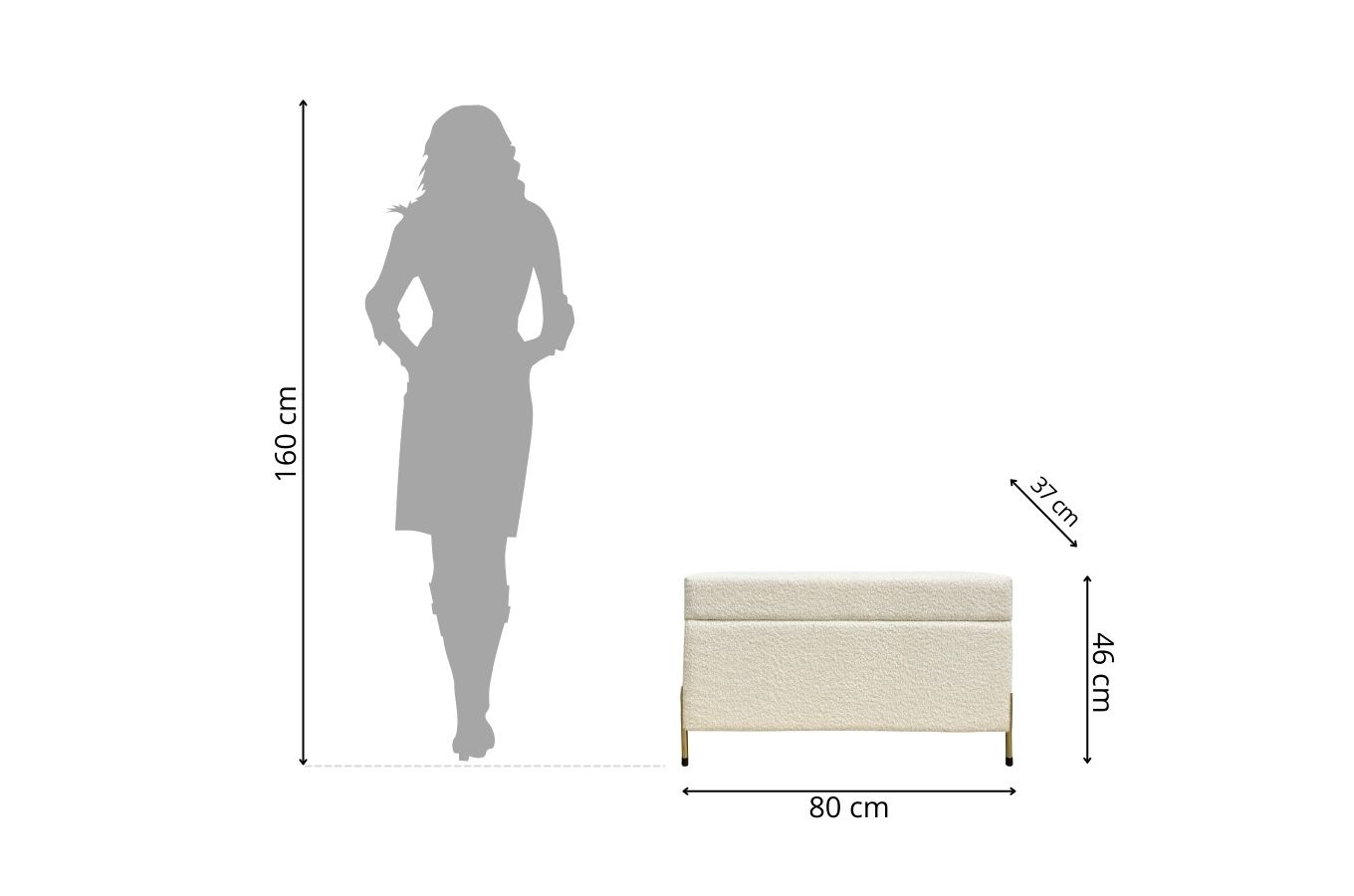 Tapicerowana ławka Dancan BORGO w tkaninie boucle z pojemnikiem, na złotych metalowych nogach