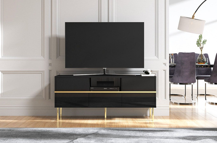 Elegancka czarna komoda RTV Dancan MARIKA ze złotymi dodatkami / szer. 137,5 cm
