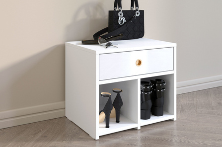 Biała szafka - siedzisko z półkami i szufladą Dancan MIRAGE wysoki połysk / szer. 54 cm