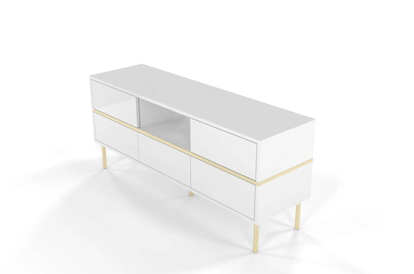 Elegancka biała komoda RTV Dancan MARIKA ze złotymi dodatkami / szer. 137,5 cm