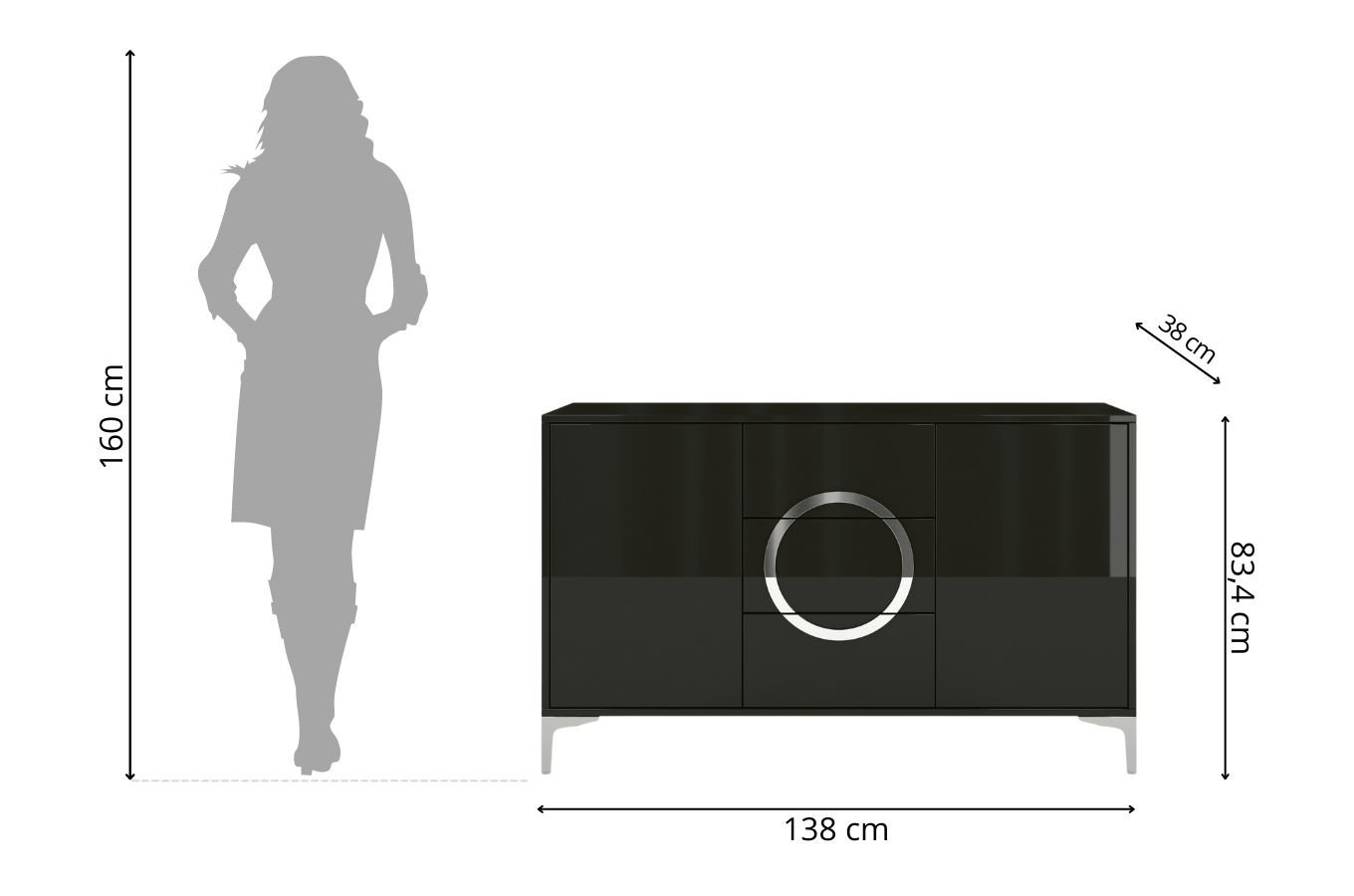 Czarna nowoczesna komoda Dancan EVA połysk / szer. 138 cm