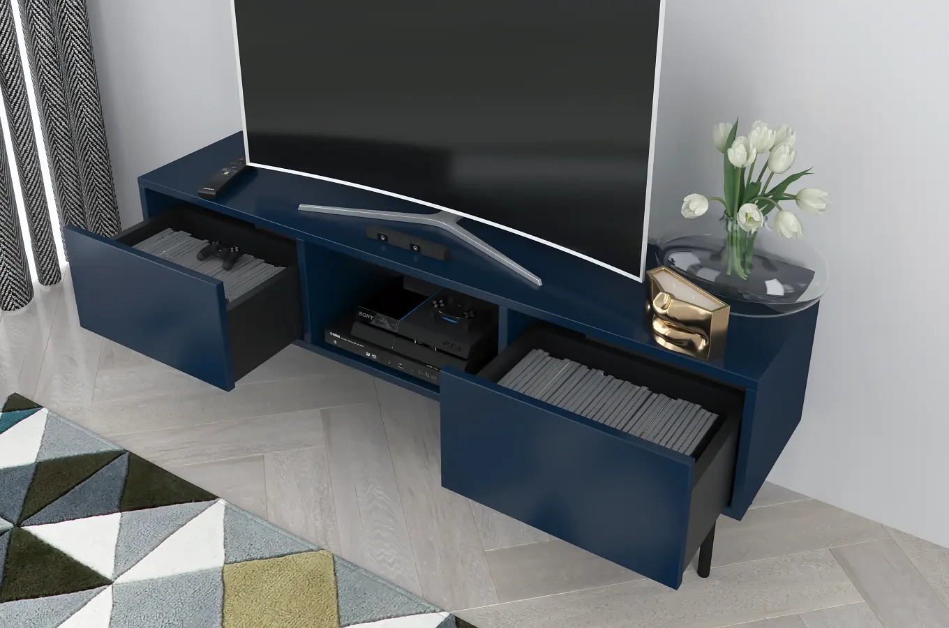 Granatowa nowoczesna komoda RTV Dancan MIRKA / szer. 130 cm