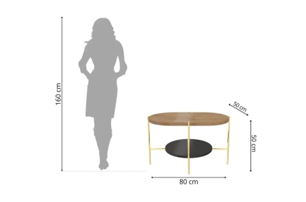 Nowoczesny stolik kawowy Dancan ARENA / złota podstawa + dębowy i czarny blat