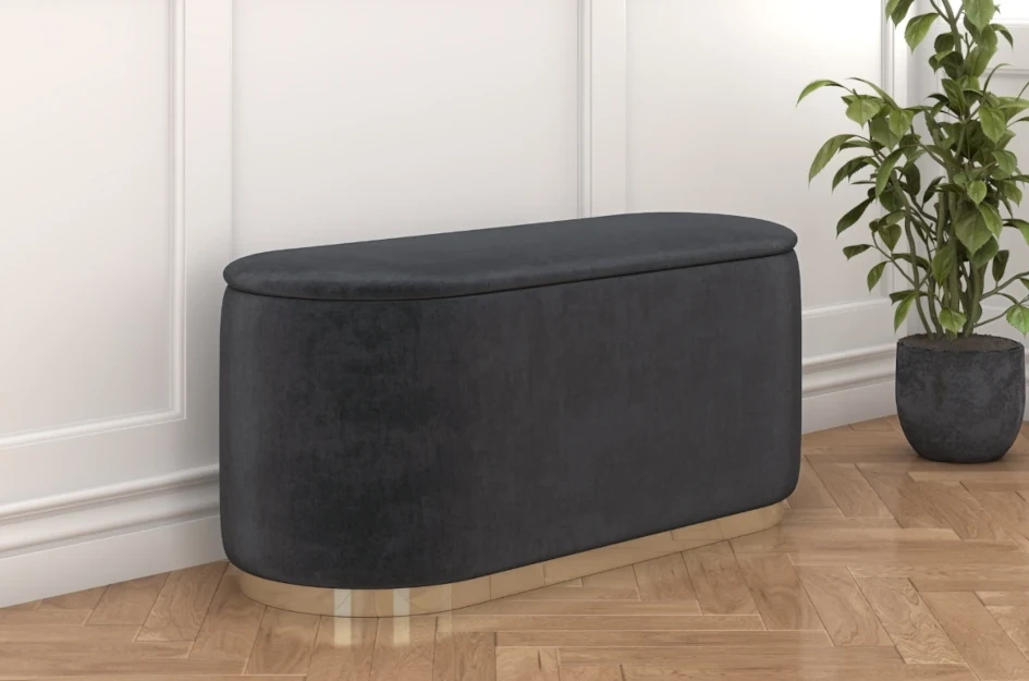 Szary owalny puf ze schowkiem Dancan SCARLETT na złotej podstawie