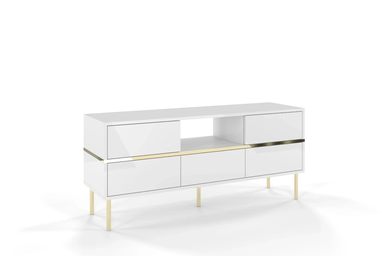 Elegancka biała komoda RTV Dancan MARIKA ze złotymi dodatkami / szer. 137,5 cm