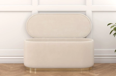 Beżowy owalny puf ze schowkiem Dancan SCARLETT na złotej podstawie