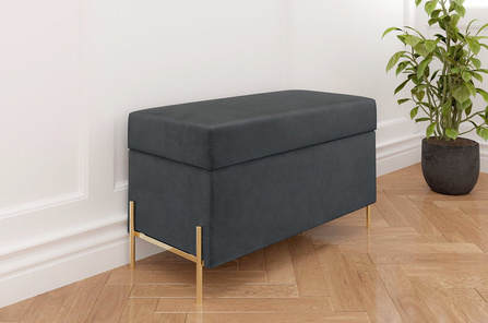 Szara tapicerowana ławka Dancan BORGO z pojemnikiem, na złotych metalowych nogach