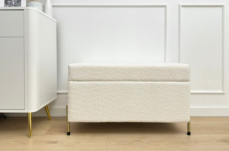 Tapicerowana ławka Dancan BORGO w tkaninie boucle z pojemnikiem, na złotych metalowych nogach