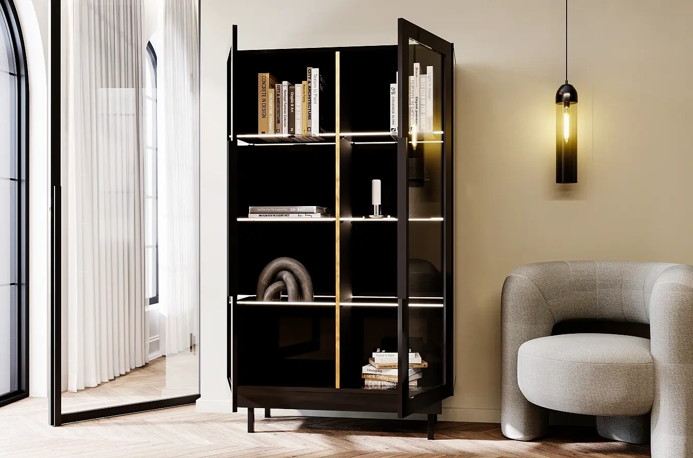 Elegancka czarna witryna Dancan ARTEMISA ze złotymi dodatkami / szer. 100 cm