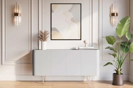 Nowoczesna szara komoda Dancan MONZA ze srebrnymi nóżkami / szer. 160 cm