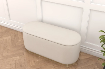 Beżowy owalny puf ze schowkiem Dancan SCARLETT na złotej podstawie