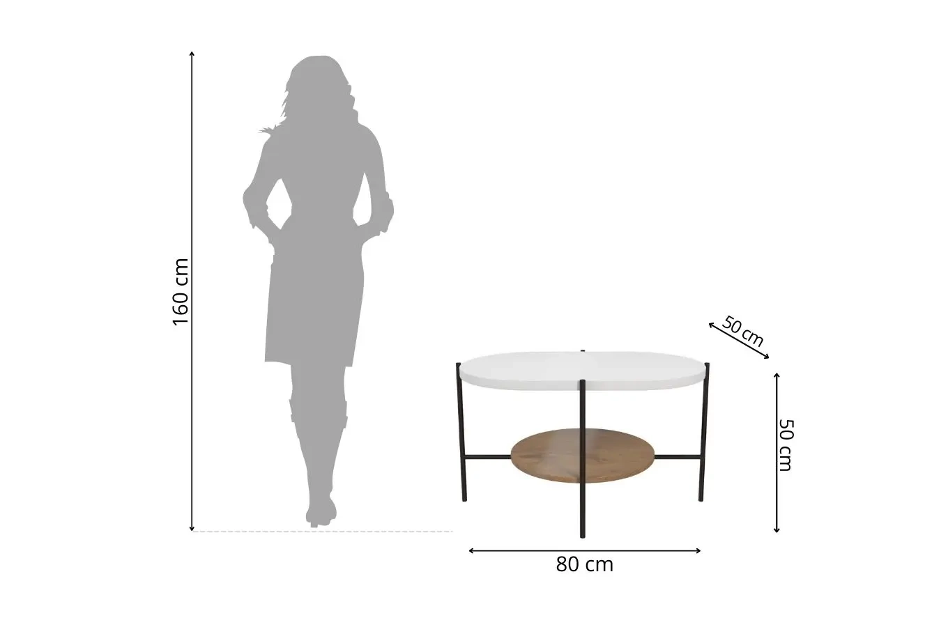 Nowoczesny stolik kawowy Dancan ARENA / czarna podstawa + biały i dębowy blat