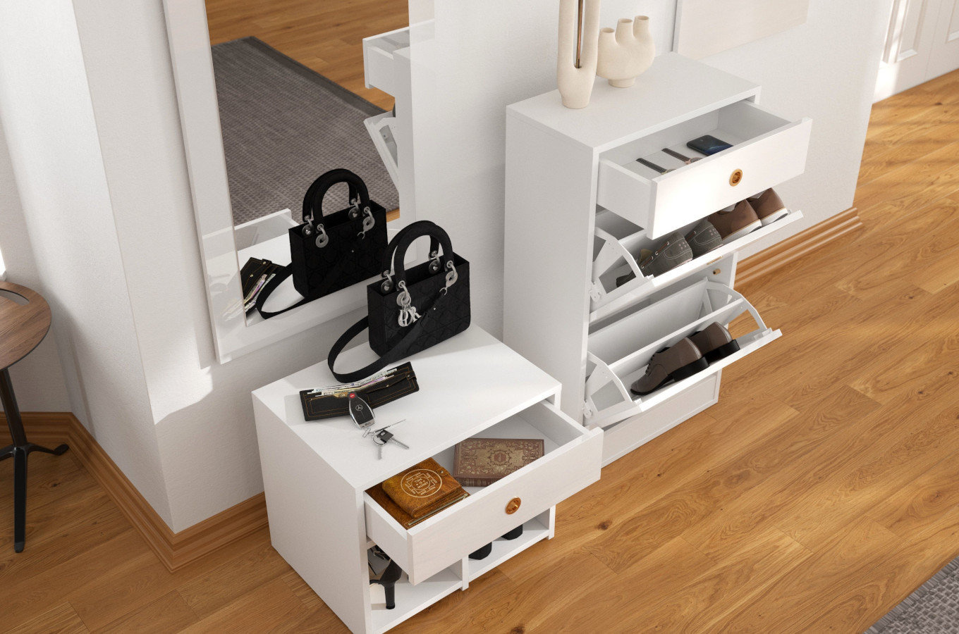 Biała szafka - siedzisko z półkami i szufladą Dancan MIRAGE wysoki połysk / szer. 54 cm