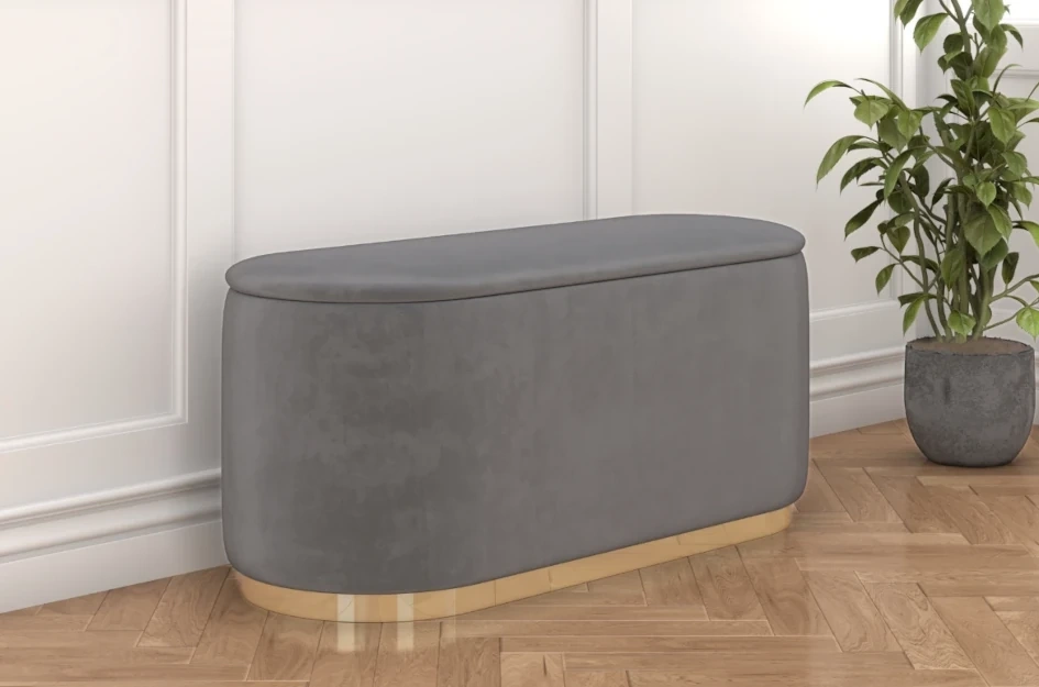 Jasnoszary owalny puf ze schowkiem Dancan SCARLETT na złotej podstawie