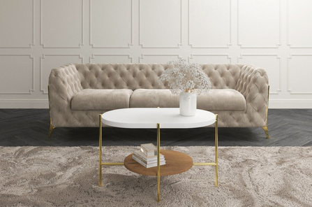 Nowoczesny stolik kawowy Dancan ARENA / złota podstawa + biały i dębowy blat