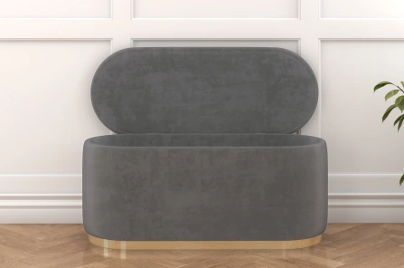 Jasnoszary owalny puf ze schowkiem Dancan SCARLETT na złotej podstawie