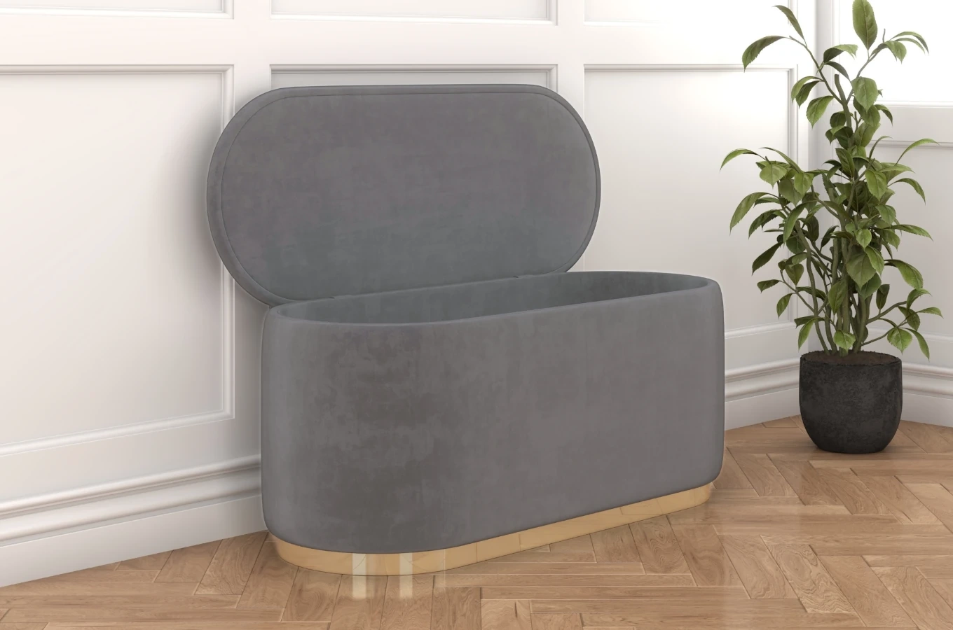 Jasnoszary owalny puf ze schowkiem Dancan SCARLETT na złotej podstawie