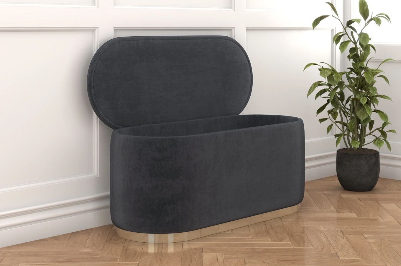 Szary owalny puf ze schowkiem Dancan SCARLETT na złotej podstawie