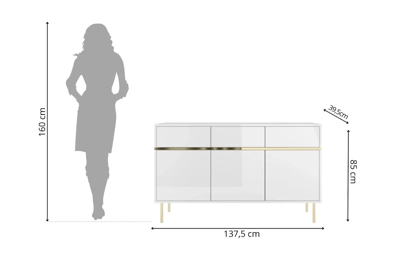 Elegancka biała komoda Dancan MARIKA ze złotymi dodatkami / szer. 137,5 cm