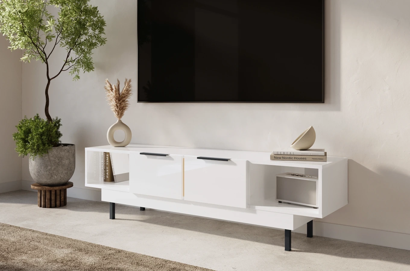 Elegancka biała komoda RTV Dancan ARTEMISA ze złotymi dodatkami / szer. 163 cm