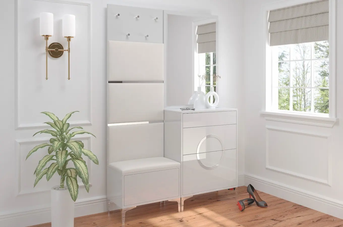 Elegancki, biały zestaw mebli do przedpokoju Dancan EVELINE / wysoki połysk