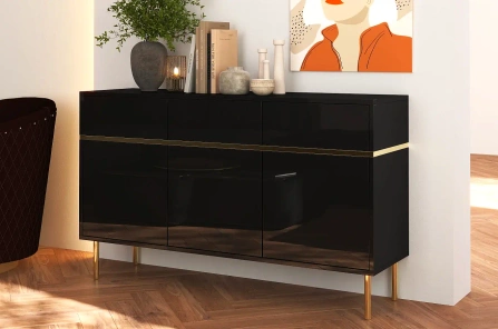 Elegancka czarna komoda Dancan MARIKA ze złotymi dodatkami / szer. 137,5 cm