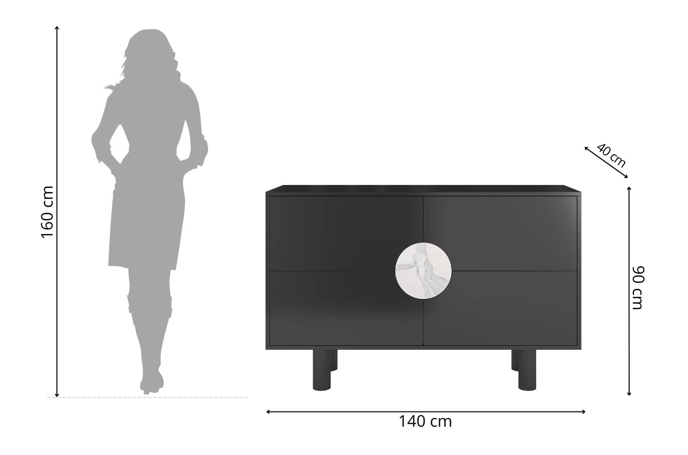 Nowoczesna komoda z marmurem Dancan ZOE 2D / kolor czarny / szer. 140 cm
