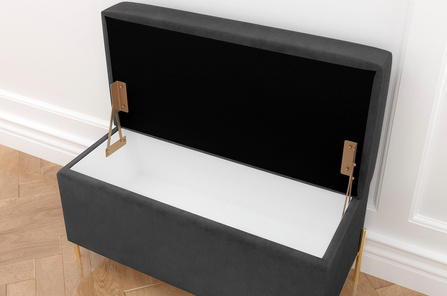 Szara tapicerowana ławka Dancan BORGO z pojemnikiem, na złotych metalowych nogach