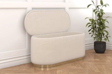 Beżowy owalny puf ze schowkiem Dancan SCARLETT na złotej podstawie