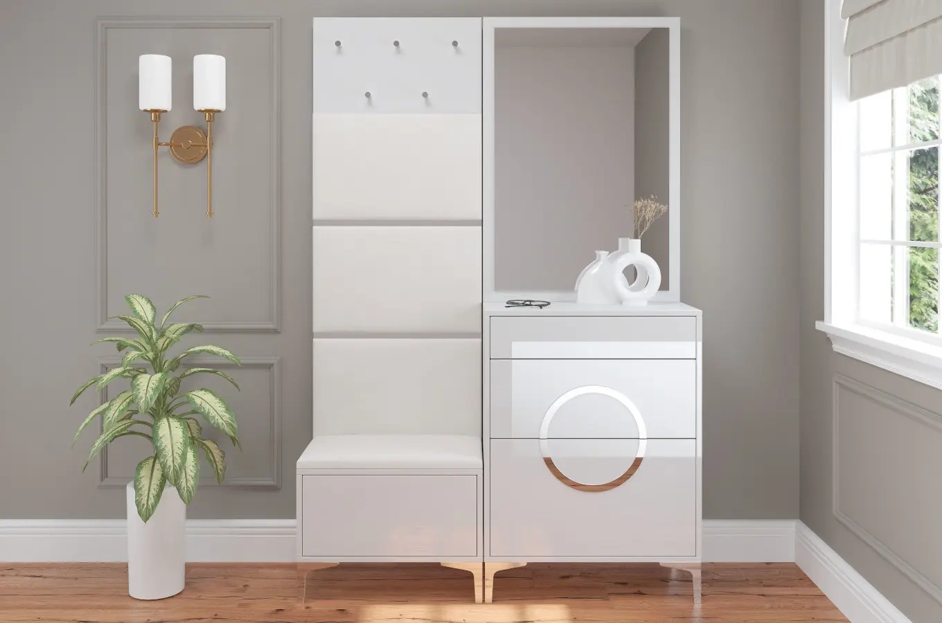 Biało-srebrne siedzisko z pojemnikiem Dancan EVELINE wysoki połysk / szer. 60 cm